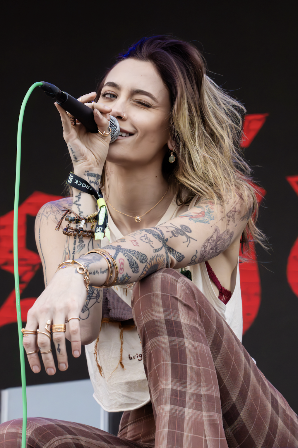 Tattooed vocalist singing into the mic